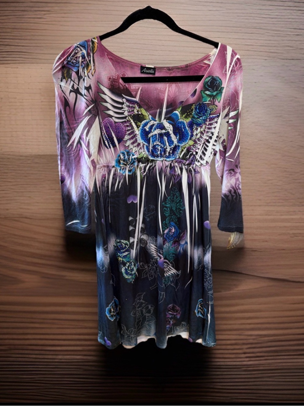 Ariella Floral Print Tunic Dress w/mini bulletlike rhinestone embellishments